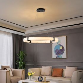 Modern LED Pendant Light, 24-Inch Round Hanging Chandelier With Adjustable Height, Marble Finish Resin Ring Ceiling Light For Dining Room, Kitchen Isl