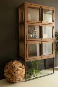 RECYCLED PINE CABINET WITH GLASS DOORS AND IRON FRAME - 34X15X71"T