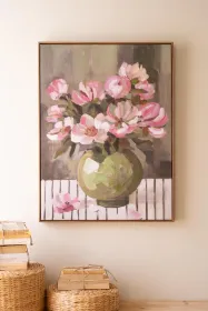 FRAMED PAINT OVER PRINT - GREEN VASE WITH PINK FLOWERS