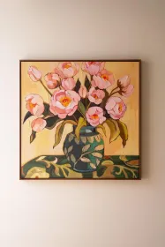 FRAMED PAINTING - PINK FLOWERS WITH BLUE VASE