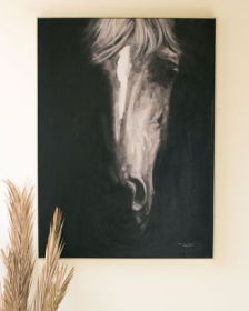 BLACK & WHITE FRONT VIEW HORSE WITH SILVER FRAME ACRYLIC PAINTING