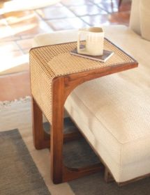 WOOD SIDE TABLE WITH WOVEN CANE DETAIL