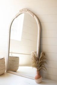 LARGE ARCHED WOOD FRAMED MIRROR WITH CARVED DETAIL
