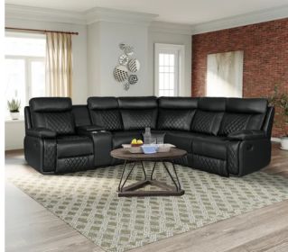 Home Theater Seating Manual Recliner with Cup Holder, Hide-Away Storage PU Reclining Sofa for Living Room, Home Theater, Black