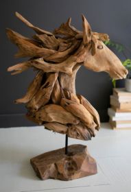 TEAKWOOD HORSE HEAD SCULPTURE WITH IRON BASE