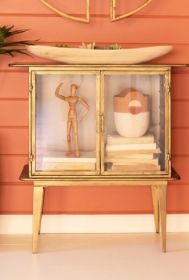 ANTIQUE BRASS AND GLASS TWO-DOOR CABINET