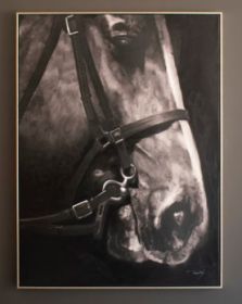 BLACK & WHITE SIDE VIEW HORSE W SILVER FRAME ACRYLIC PAINTING