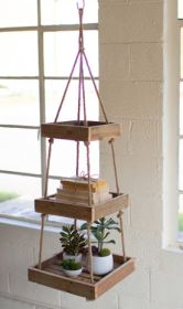HANGING THREE TIERED SQ RECYCLED WOOD DISPLAY W JUTE ROPE