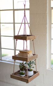 HANGING THREE TIERED SQ RECYCLED WOOD DISPLAY W JUTE ROPE (MIN 2)