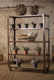 LARGE IRON & WOOD DISPLAY W FIVE SHELVES & IRON CASTERS