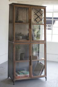 METAL & WOOD SLANTED DISPLAY CABINET W GLASS DOORS