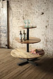 ROUND THREE TIERED MANGO WOOD AND IRON DISPLAY TOWER