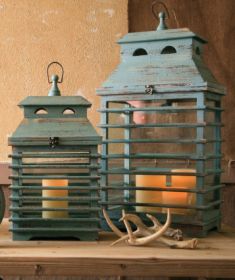 SET OF TWO VINTAGE BLUE SHUTTER LANTERNS