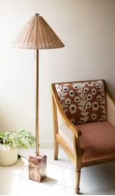 FLOOR LAMP WITH RED MARBLE BASE AND RATTAN SHADE