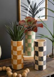 SET OF THREE CHECKERED CLAY CYLINDER VASES