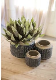 SET OF THREE DARK BLUE KNOBBY CERAMIC POTS