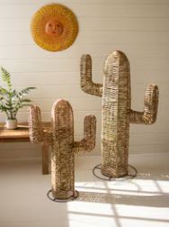 SET OF TWO WOVEN SEAGRASS AND IRON CACTI