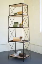 STACKABLE FOUR TIERED METAL AND WOOD SHELVING UNIT