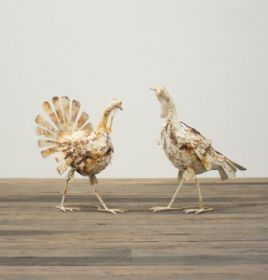 SET OF TWO ANTIQUE WHITE METAL TURKEYS