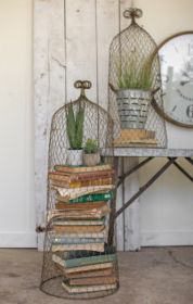 SET OF TWO WIRE CLOCHE TOPIARIES-OLD GOLD