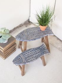 SET OF TWO WOODEN FISH STOOLS