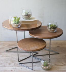 SET OF THREE ROUND WIRE DISPLAY RISERS WITH WOOD TOPS (MIN 2)
