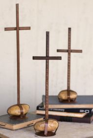 SET OF THREE SCRAP METAL CROSSES WITH CAGED ROCK BASES