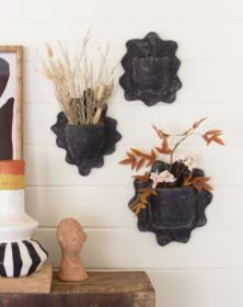 SET OF THREE BLACK WAVY CLAY WALL PLANTERS