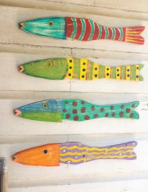 SET OF FOUR RECYCLED WOOD FOLK ART FISH