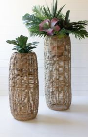 SET OF TWO WOVEN SEAGRASS AND IRON BARREL PLANTERS