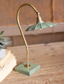 ANTIQUE BRASS GOOSE NECK TABLE LAMP WITH ENAMEL SHADE