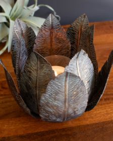 ANTIQUE BRASS METAL LEAF BASE WITH GLASS HURRICANE