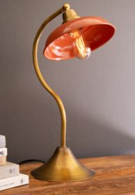 ANTIQUE BRASS TABLE LAMP WITH ORANGE ENAMEL SHADE