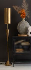 ANTIQUE GOLD FLOOR LAMP WITH METAL BARREL SHADE