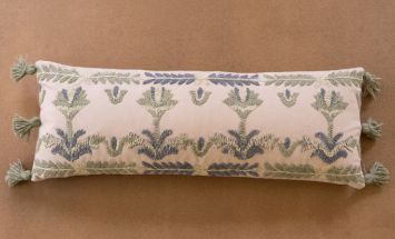 BLUE EMBROIDERED LUMBAR PILLOW WITH TASSELS - 12X33 - (MIN 2)