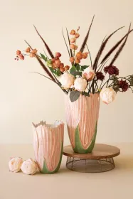 Set of 2 Pink and Green Ceramic Vases