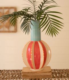CERAMIC MULTI-COLORED VASE WITH BLUE NECK