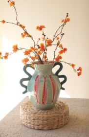 CERAMIC COLORFUL FISH VASE WITH BLUE SQUIGGLE HANDLES