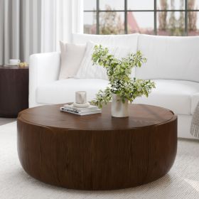 35.63" Round Outdoor Indoor Coffee Table, Modern Wood Grain Drum Center Table, Sturdy MGO (Magnesium Oxide) Waterproof, No-Assembly Table for Patio