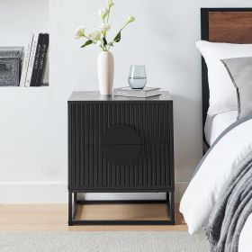 Black Nightstand with 2 Drawers, Bedroom Modern Bedside Table with Metal Legs, Fluted Couch End Side Table for Small Spaces, Living Room