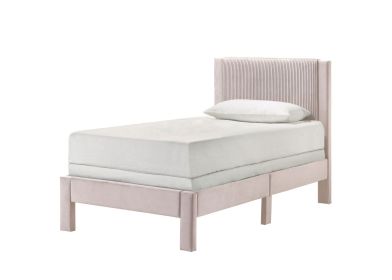 1pc Contemporary Plush Upholstered Headboard Ribbed Texture Low-profile Frame Unobtrusive Legs Youth Kids Twin Platform Bed Pink Bedroom Furnitur