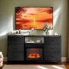 Black Embossed Fireplace TV Stand with 18 Inch Insert & 6 Fabric Drawers, RGB Lights, Industrial Iron-Wood Design Media Console, 58 x 11.8 x 31.3 Inch