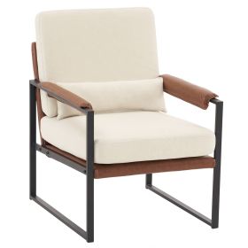 Single Iron Frame Chair Soft Cover Beige Brown Honeycomb Leather Armrest Frame Indoor Leisure Chair