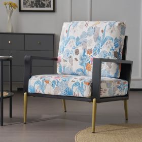 Mid-Century Modern Floral Armchair with Solid Wood Frame, Velvet Fabric Living Room Chairs with Metal Legs, Reading Chair for Balcony