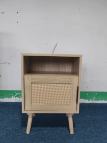 22.83'' H Rattan Nightstand, Side Table with Door Open Shelf, Accent Bedside End Table with Solid Wood Legs for Bedroom, Dorm and Small Spaces, O