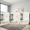 This vanity table features a mirror and three color lighting modes. It has four drawers, open shelving, a movable mirror