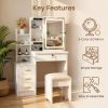 Vanity Desk with Sliding Mirror and Lights, Makeup Vanity Set with 4 Drawers, Stool, Open Shelves, 3 Color Adjustable Lighting Modes