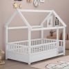 Twin Size Floor Wooden Bed with House Roof Frame, Fence Guardrails,White