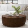 35.63" Round Outdoor Indoor Coffee Table, Modern Wood Grain Drum Center Table, Sturdy MGO (Magnesium Oxide) Waterproof, No-Assembly Table for Patio