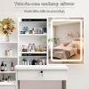 This vanity table features a mirror and three color lighting modes. It has four drawers, open shelving, a movable mirror